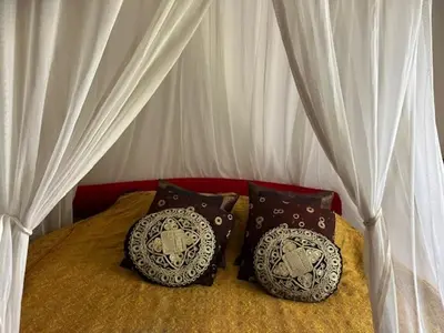 a bed with white curtains and pillows on it at Bohemian loft in Amsterdam