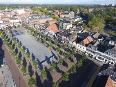 an overhead view of a city with buildings and trees at Hostel 45 in Purmerend
