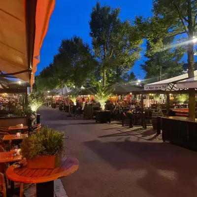a street with tables and chairs and trees at night at LandLust Guesthouse B&B Amsterdam Area Purmerend in Purmerend