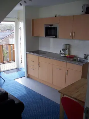 a kitchen with a sink and a microwave at Appartementen Bergen aan Zee de Schelp in Bergen aan Zee