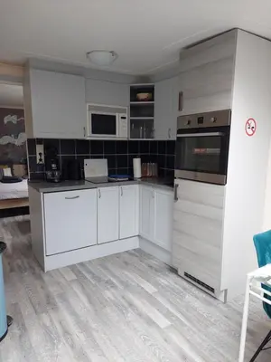 a kitchen with white cabinets and black tiles at JaBaKi Garden House in Hoofddorp