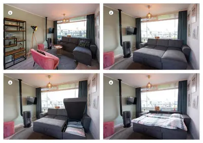 four pictures of a living room with a couch at Amsterdam Beach Apartment 90 in Zandvoort
