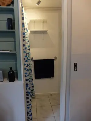 a walk in closet with a shower curtain at Pelt 35 in Bergen