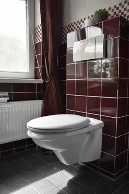 a bathroom with a white toilet in a red tiled wall at The Cosy Cottage for Comfort with Sauna and Hottub in Zeewolde