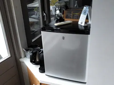 a refrigerator with a counter on top of it at Houseboat Little Amstel in Amsterdam