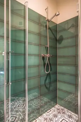 a shower in a bathroom with a green wall at Studio Koggeschip in Amsterdam