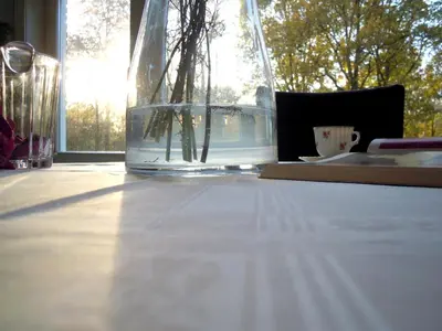 a glass vase sitting on top of a table at MissOrtelia B&B in Amsterdam