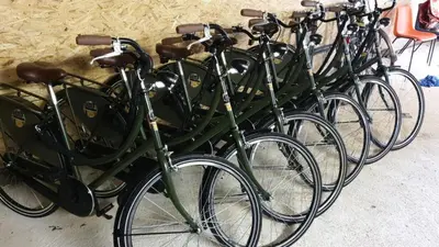 a row of green bikes parked next to each other at City Farmer Amsterdam a Guesthouse with Bikes , Bed & Breakfast and Free Parking in Amsterdam