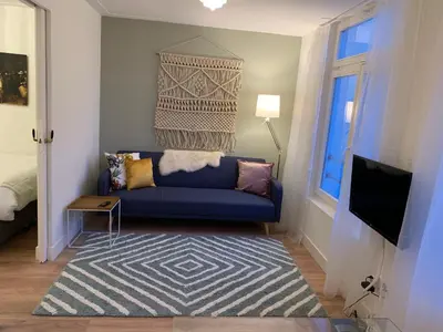 a living room with a blue couch and a rug at Kangaroom in Amsterdam