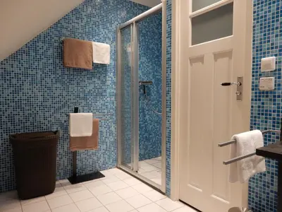 a blue tiled bathroom with a shower and a glass door at UNESCO de Beemster, vakantiewoning in Noordbeemster