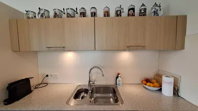 a kitchen counter with a sink and a bowl of fruit at UNESCO de Beemster, vakantiewoning in Noordbeemster