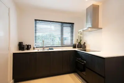 a kitchen with brown cabinets and a window and a sink at Longhouse Studio Zandvoort in Zandvoort
