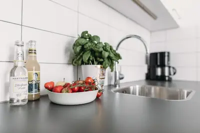 a bowl of fruit on a counter next to a sink at Kranenbergh Boutique Apartments in Bergen