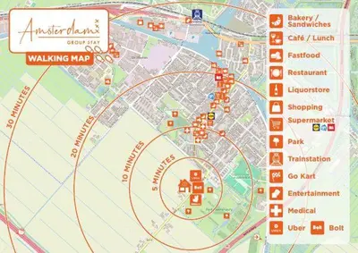 a detailed map of a walking map at Amsterdam Group Villa 20 plus beds 4 - 5 bedrooms in Zwanenburg