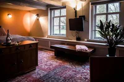 a room with a bed and a tv and windows at De Buren in Vleuten