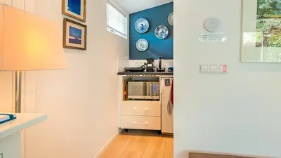a kitchen with a stove and plates on the wall at Studio Clematis in Bergen