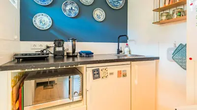 a kitchen with blue and white plates on the wall at Studio Clematis in Bergen