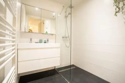 a bathroom with a glass shower and a sink at NEW! Modern Gallery Nassau Canal Suite in Amsterdam