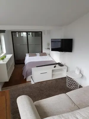 a bedroom with a bed and a flat screen tv at Zomerhuis Wonders in Zandvoort