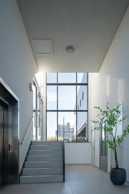 a staircase in a building with a potted plant at Maris Apartments in Egmond aan Zee