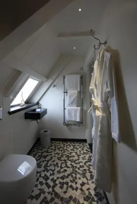 a bathroom with a toilet and a robe hanging on a wall at Inn on the Lake in Broek in Waterland