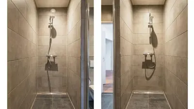 two pictures of a shower in a bathroom at Villa De Stolp in Schoorl