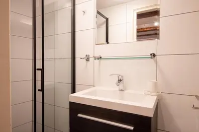 a bathroom with a sink and a shower at Beautiful DutchHouse Centrum in Amsterdam