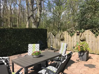 a wooden table and chairs in a backyard with a fence at De Specht in Bergen