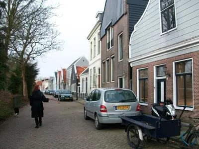 a woman walking down a street with a car and a cart at Klavergeluk in Amsterdam