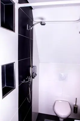 a bathroom with a shower with a toilet in it at Golden Zaan Hotel, Zaandam-Amsterdam in Zaandam