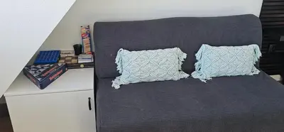 a couch with two pillows on it in a room at Sunnyzandvoort in Zandvoort