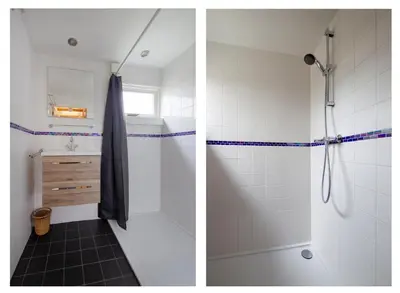 two pictures of a bathroom with a shower at Centre beach lodge in Zandvoort