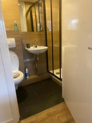 a bathroom with a toilet and a sink and a shower at Pension Hendriks in Zandvoort