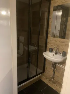 a bathroom with a sink and a shower at Pension Hendriks in Zandvoort