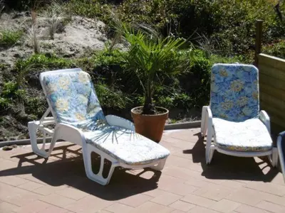 two chairs sitting on a patio next to a plant at Chalet Joleen IJmuiden aan zee, vlakbij het strand in IJmuiden