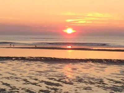 a sunset on a beach with the ocean at Hotel Noordzee in Zandvoort