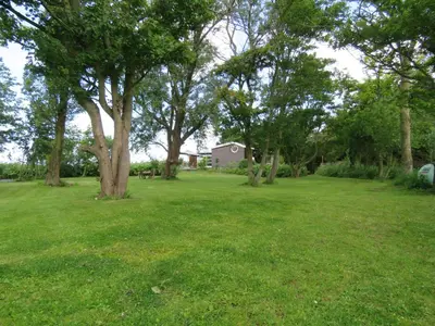 a field with trees and a house in the background at Vakantiehuis aan De Mooie Nel in Spaarndam