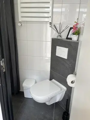 a bathroom with a white toilet and a sink at Sonnblick in Egmond aan Zee
