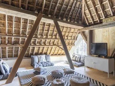 a living room with a couch and a tv at Luxuriously restored farmhouse with trendy interior close to sea and forest in Groet