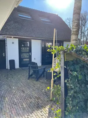 a house with a bench on a brick patio at Sunny Guesthouse in Bergen