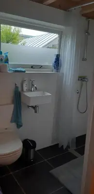 a bathroom with a toilet and a sink and a window at Tuinhuis in Lutjewinkel