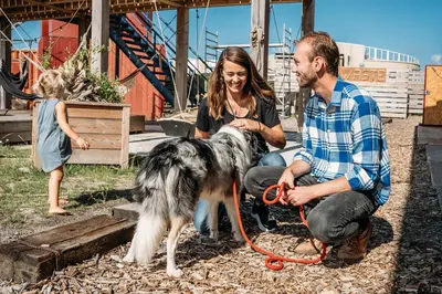 a man and a woman with a dog on a leash at Basecamp Tiny House Eco-resort IJmuiden in IJmuiden