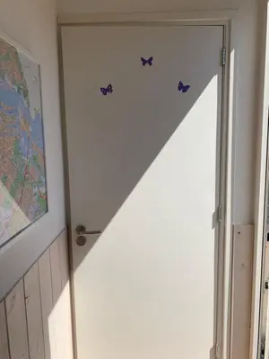 a door with three butterfly decals on a wall at B&B Diemerplein in Amsterdam