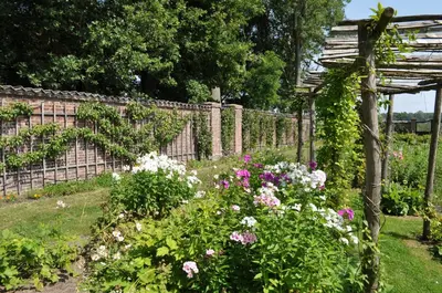 a garden with flowers and a wooden fence at Gasterij Leyduin in Vogelenzang
