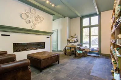 a living room with a couch and a fireplace at Gasterij Leyduin in Vogelenzang