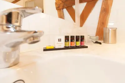 a sink with four bottles of essential oils on a counter at Bed & Breakfast of Art in Amsterdam