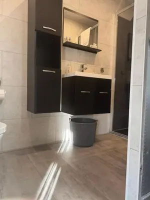a bathroom with black cabinets and a sink and a mirror at Carpe Diem in Zandvoort