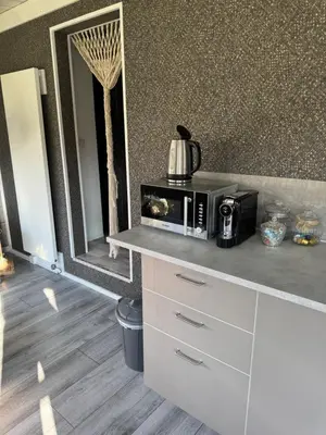 a kitchen counter with a microwave and a mirror at Carpe Diem in Zandvoort