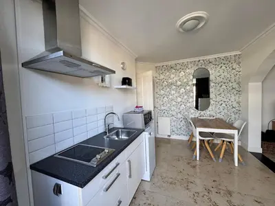 a small kitchen with a sink and a table at Appartement Villa Eva Rosa in Wijk aan Zee