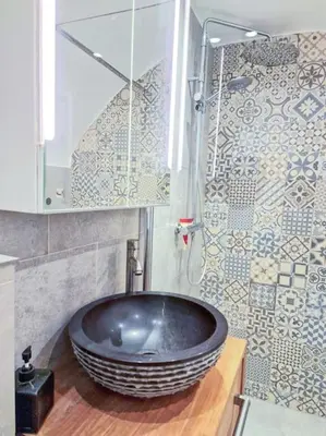 a bathroom with a large bowl sink and a shower at A cozy place in Amsterdam in Amsterdam